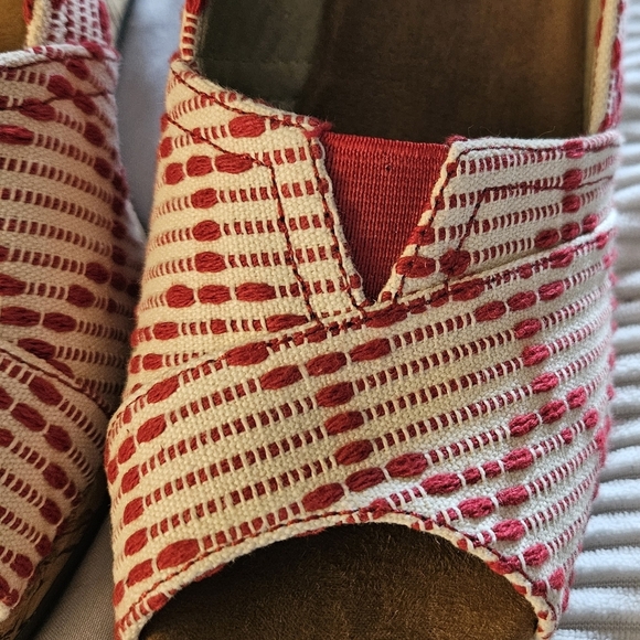 Toms Red and Cream Cork Wedge Peep Toe Shoes Size 8.5 - Picture 3 of 7